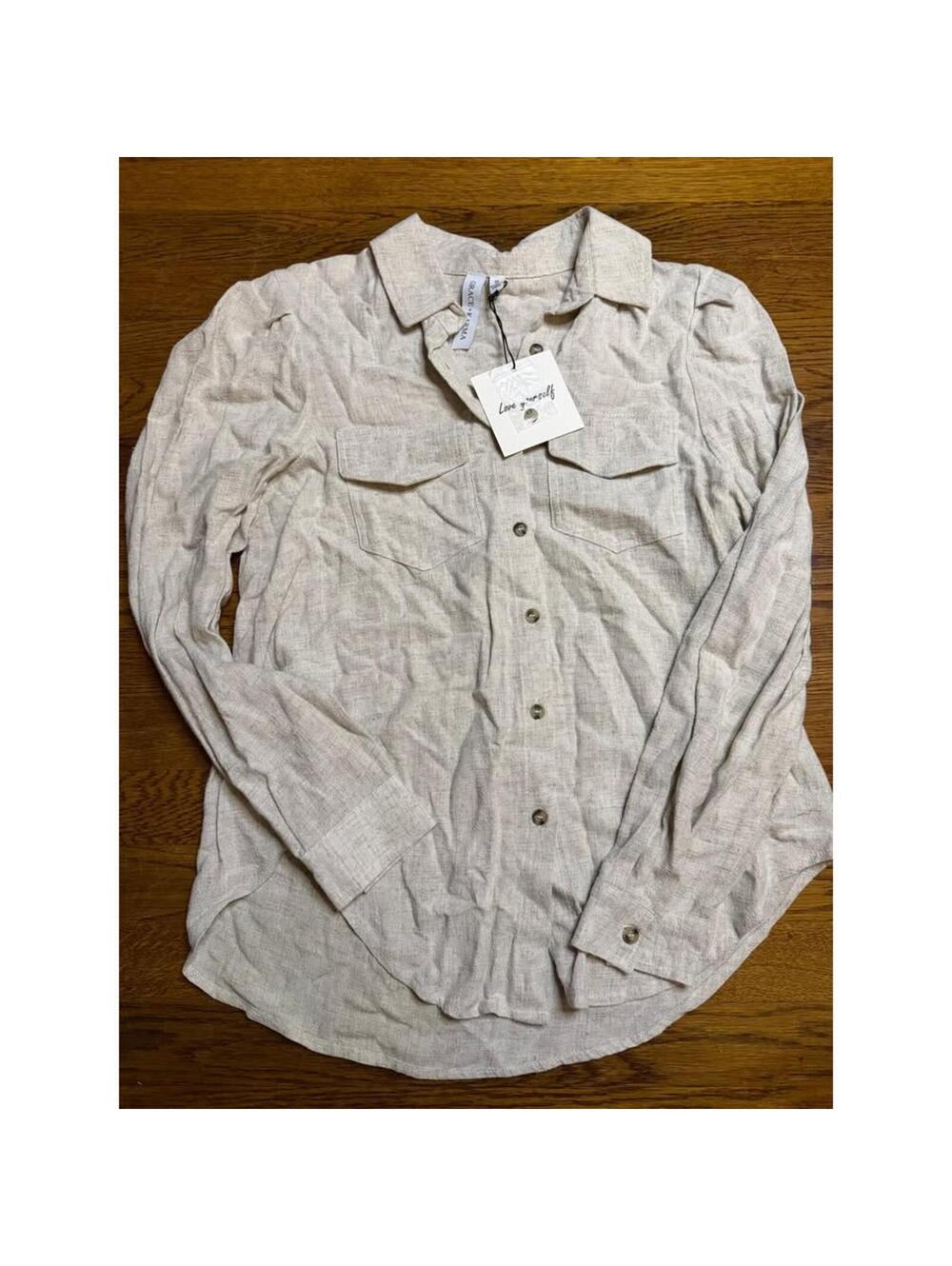Grace Karma Linen Button Up Shirt Beige Tan NWT Size Small
